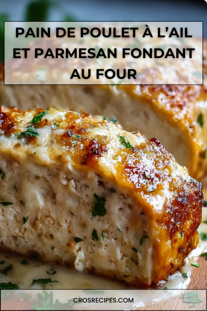 Pain de poulet à l’ail et au parmesan doré au four, tranché dans un plat, avec intérieur tendre et juteux, servi avec herbes fraîches