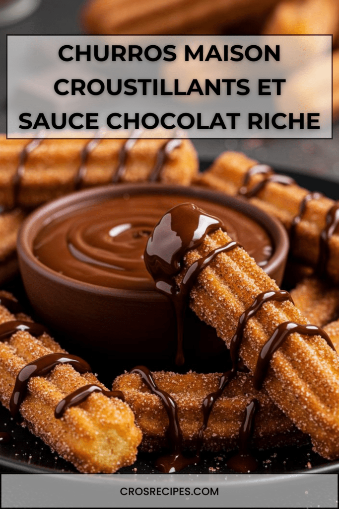 Churros maison dorés et croustillants roulés dans le sucre et la cannelle, servis avec une tasse de sauce chocolat chaude et brillante