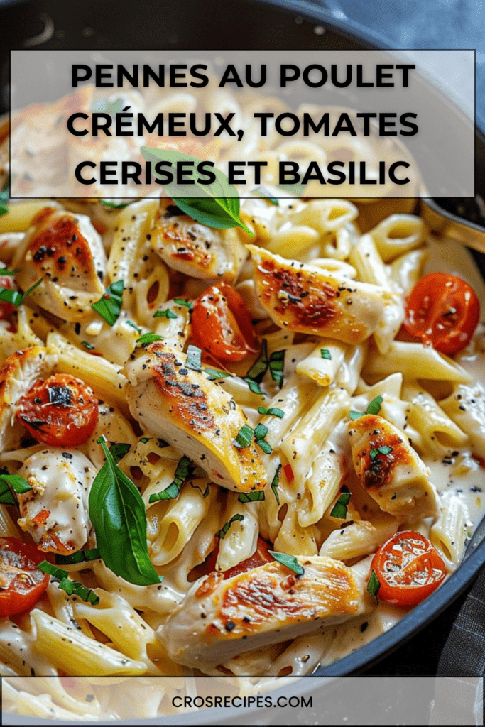 Assiette de pennes au poulet nappées de sauce crémeuse au parmesan, tomates cerises et basilic frais, servie bien chaude