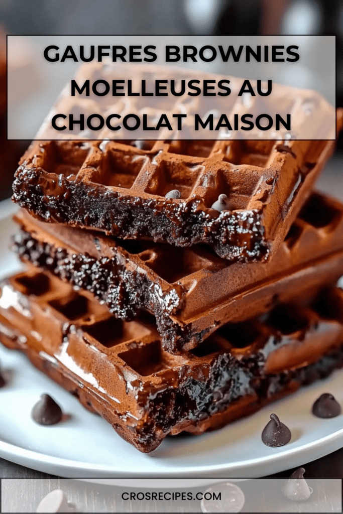 Gaufres brownies épaisses et chocolatées servies chaudes, nappées de sauce au chocolat brillante et garnies de pépites de chocolat