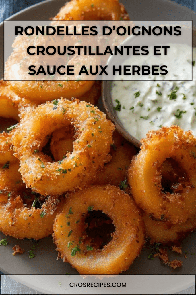 Rondelles d’oignons dorées et croustillantes servies chaudes avec une sauce crémeuse aux herbes dans un petit bol