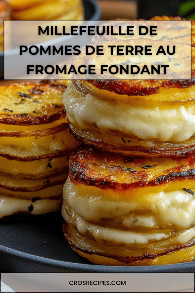Millefeuille de pommes de terre doré et croustillant avec fromage fondant entre les couches, servi en portion individuelle sur une assiette