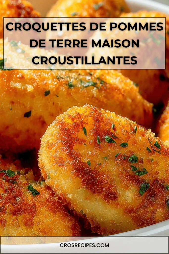 Croquettes de pommes de terre dorées et croustillantes, posées sur une assiette avec une texture fondante à l’intérieur et une panure régulière
