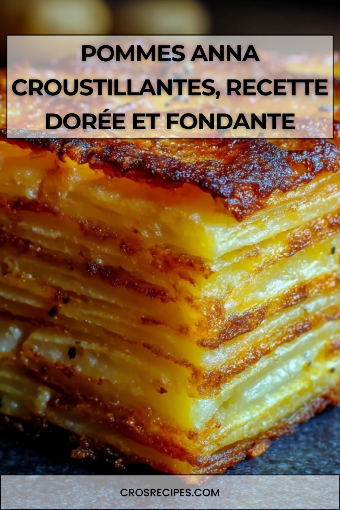 Plat de Pommes Anna croustillantes découpées en parts nettes, montrant de fines couches régulières de pommes de terre dorées et beurrées