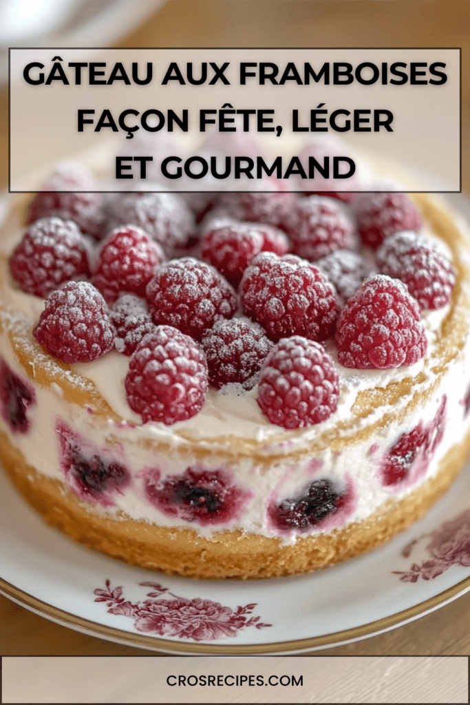 Gâteau aux framboises façon fête décoré de crème au mascarpone et de framboises fraîches sur le dessus, présenté sur un plat de service