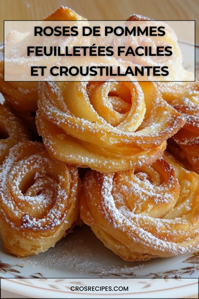 Roses de pommes feuilletées dorées disposées dans des moules, avec fines lamelles de pommes caramélisées et pâte croustillante saupoudrée de sucre glace