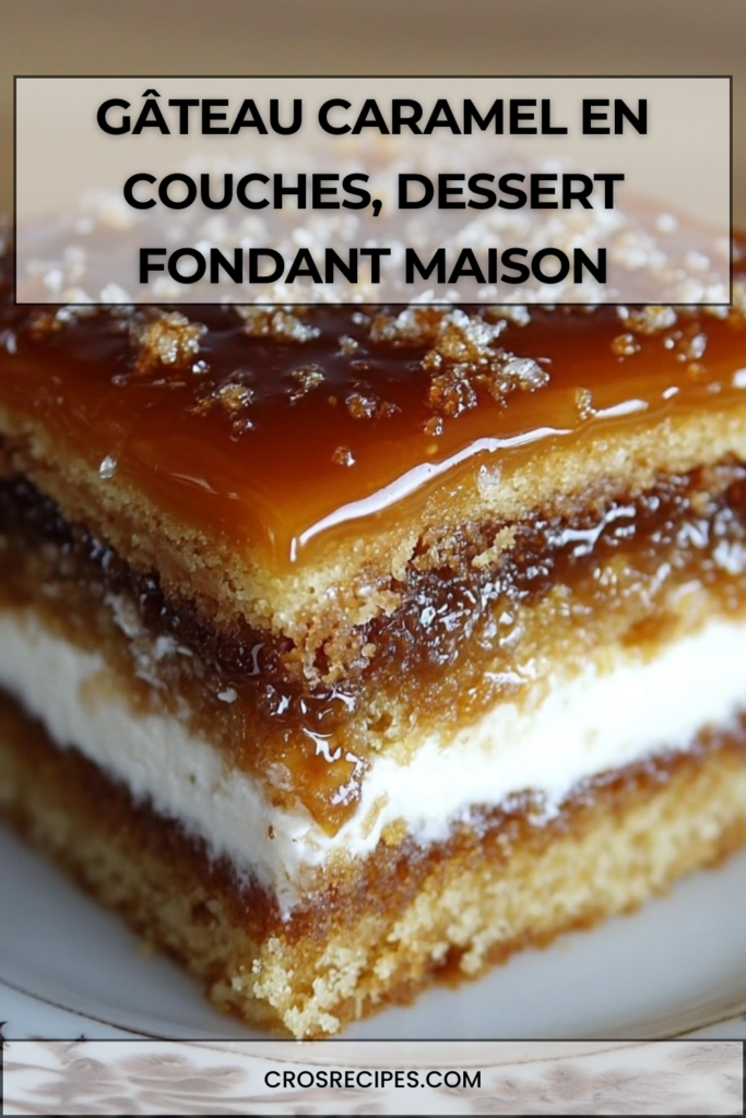 Gâteau caramel en couches avec base moelleuse, crème blanche au fromage frais et nappage caramel brillant sur le dessus, présenté en parts