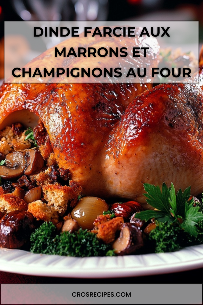Dinde farcie entière rôtie au four, farcie aux marrons et champignons, dorée et juteuse, servie dans un plat avec oignons grelots