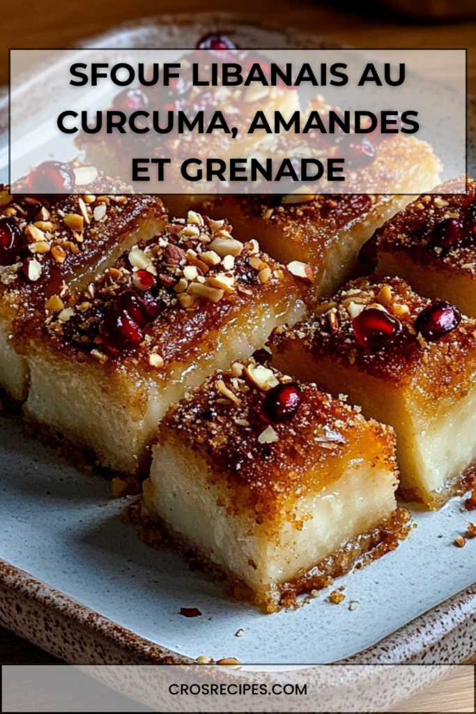 Gâteau sfouf libanais doré à la semoule et au curcuma, décoré d’amandes concassées et de graines de grenade rouges sur le dessus