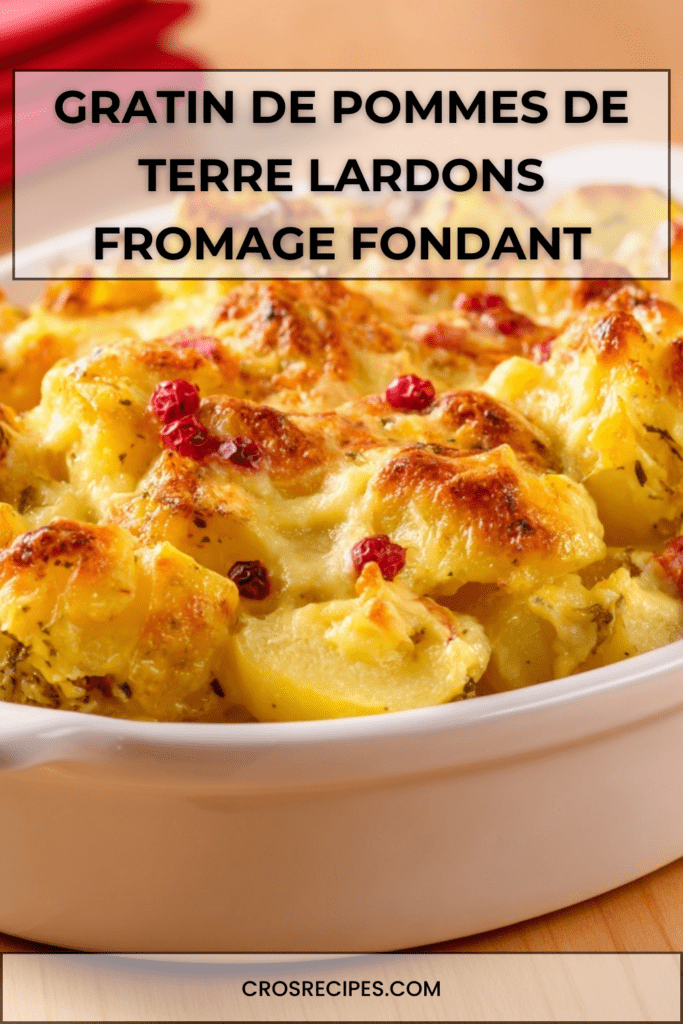 Gratin de pommes de terre doré au four avec lardons, fromage fondant et baies roses sur le dessus dans un plat à gratin