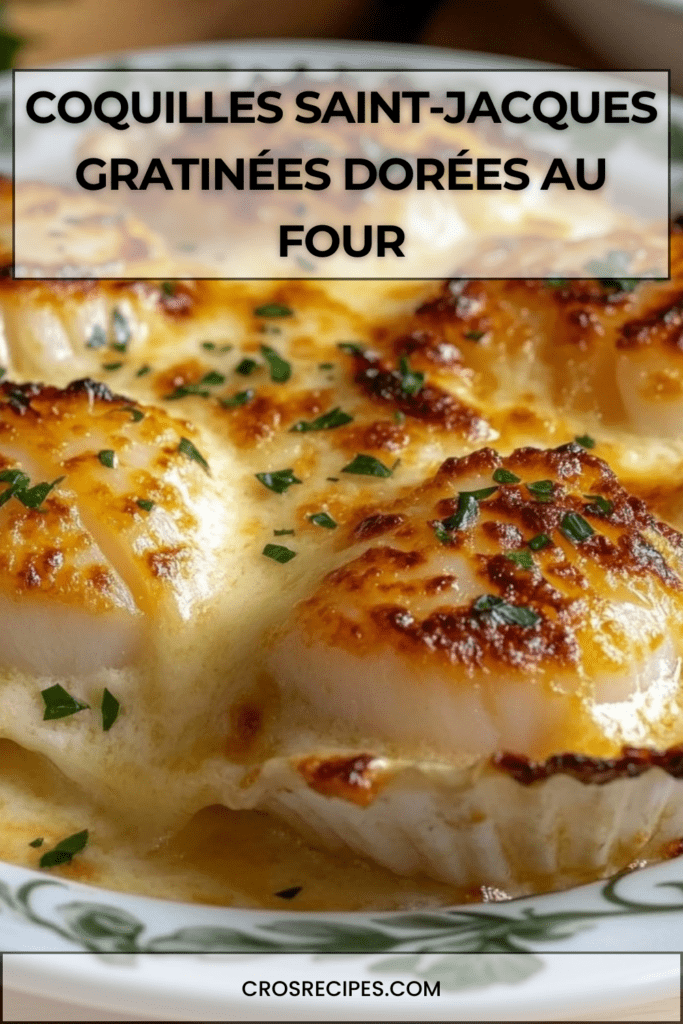 Coquilles Saint-Jacques gratinées au four avec fromage doré, noix de Saint-Jacques fondantes et persil frais, servies en coquilles individuelles