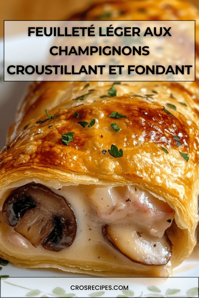 Feuilleté léger doré et croustillant garni de champignons à la crème, coupé en tranches et servi chaud avec du persil frais