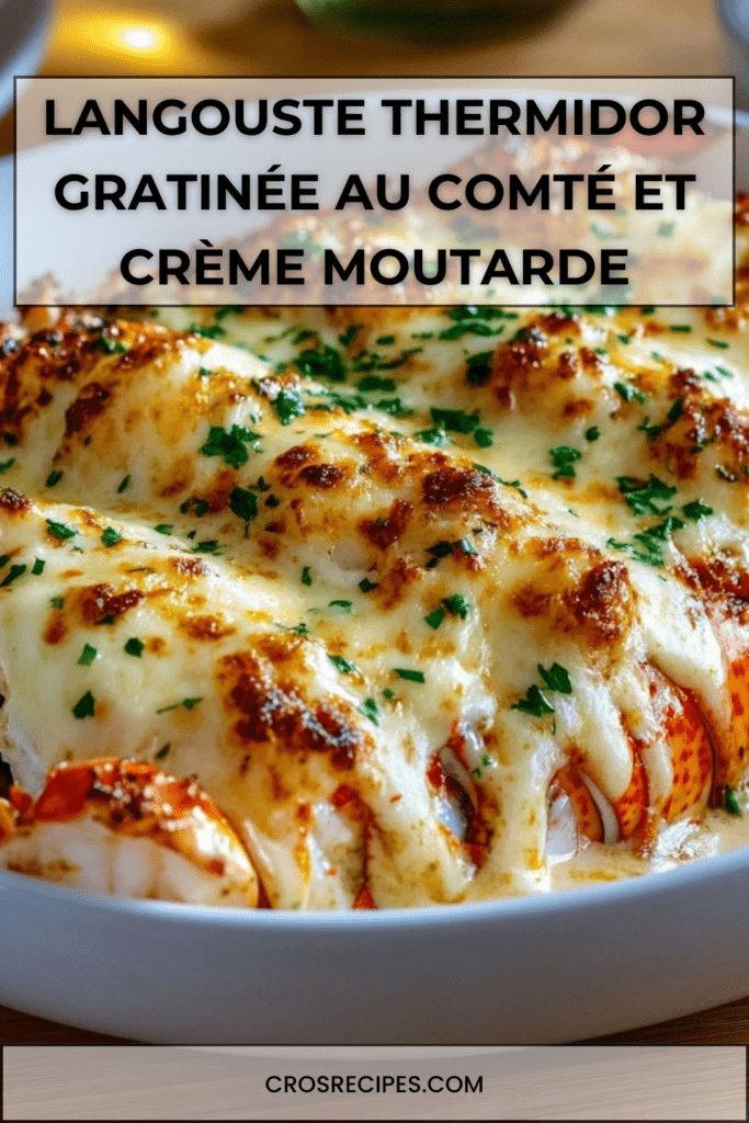 Langouste garnies d’une crème moutardée onctueuse et gratinées au comté, dorées au four et servies avec persil frais ciselé