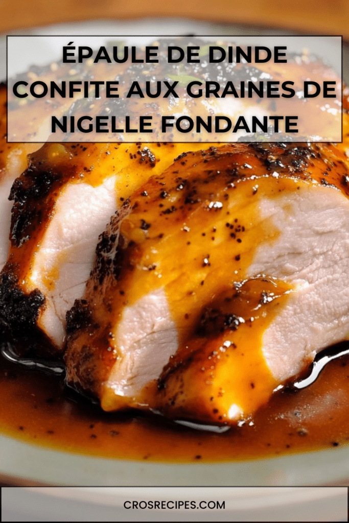 Épaule de dinde confite aux graines de nigelle, nappée de jus caramélisé avec oignons fondants, servie dans une cocotte en fonte