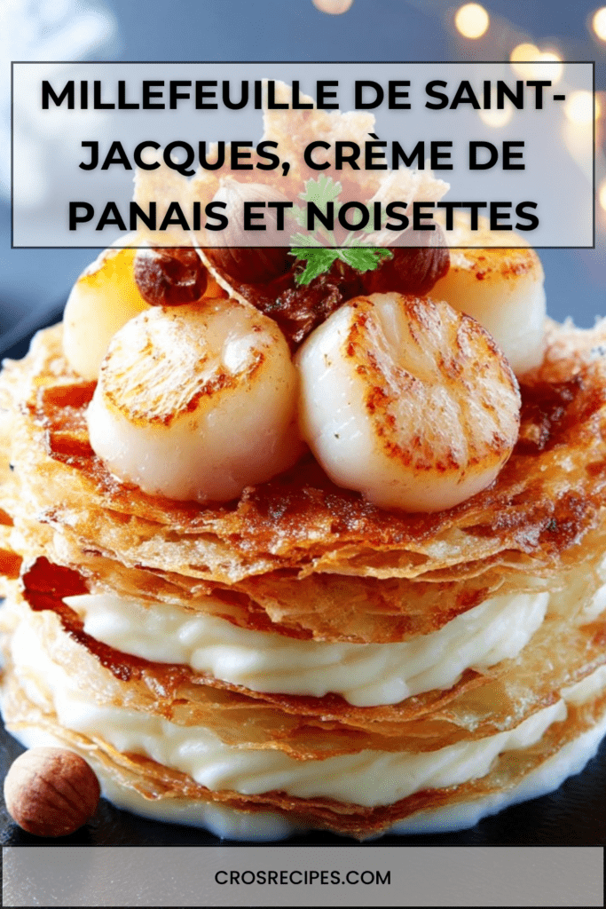 Millefeuille salé composé de feuilletage doré, crème de panais onctueuse et noix de Saint-Jacques dorées, décoré de noisettes et chips de chorizo