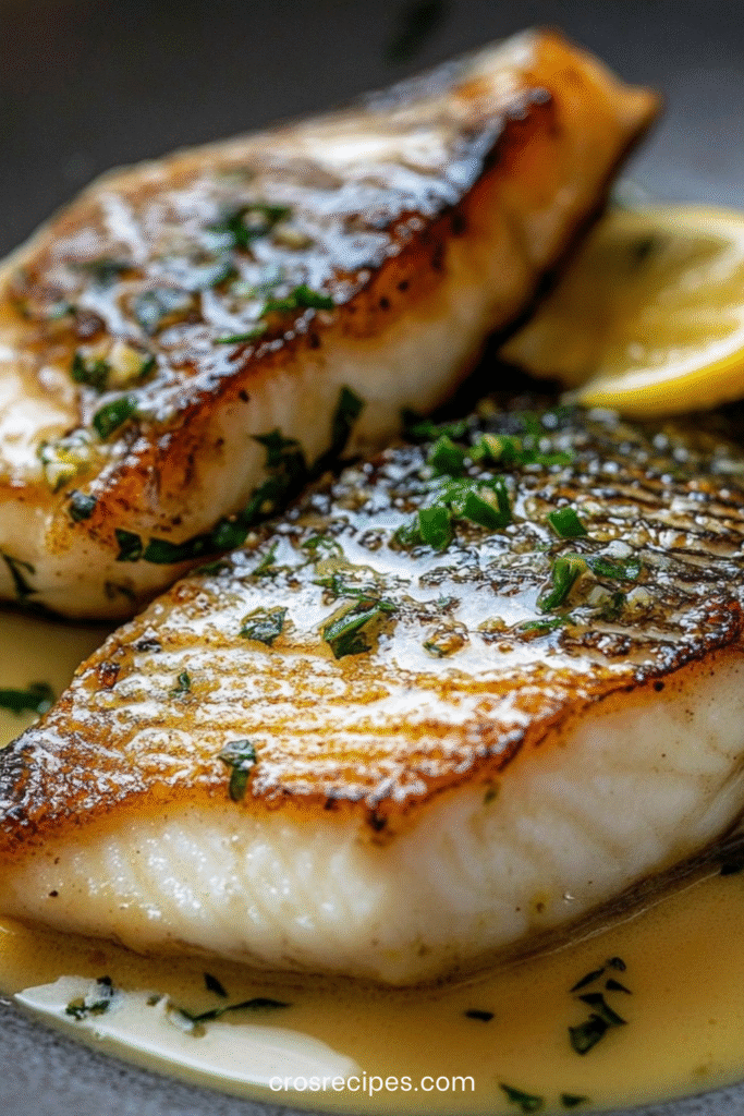 Filet de bar rôti servi avec une sauce au beurre citronné, présenté dans une assiette élégante avec herbes fraîches.