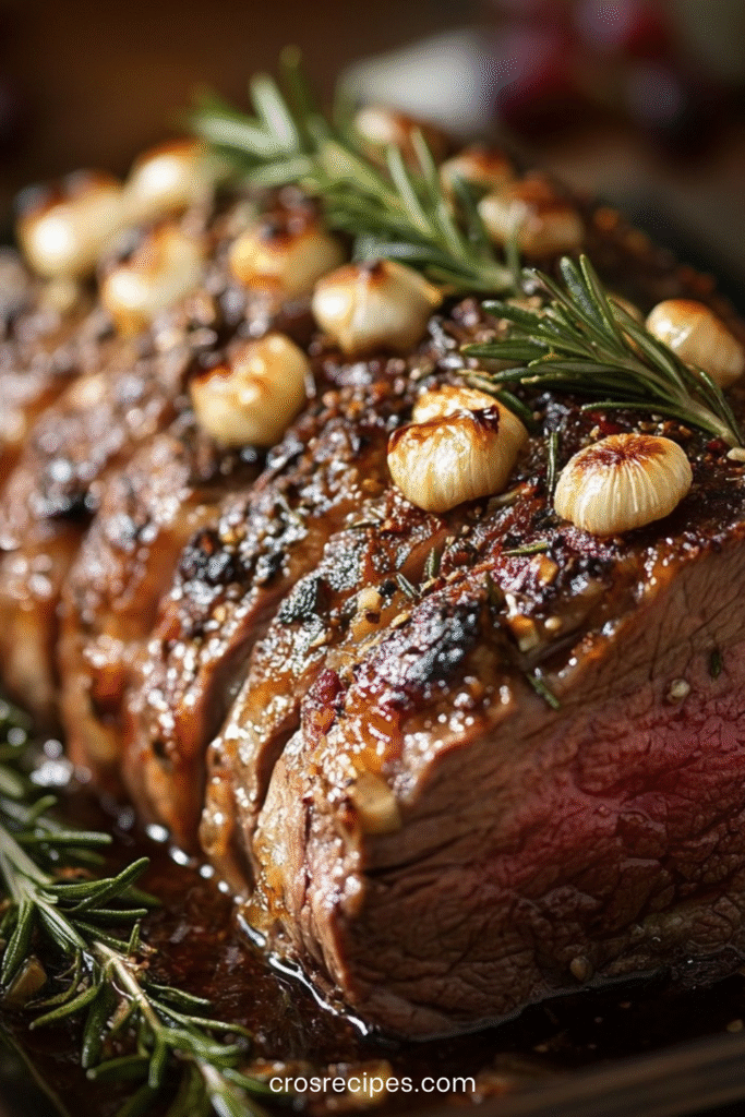 Épaule d’agneau rôtie lentement au romarin avec glaçage au miel, servie dans un plat rustique avec jus de cuisson.