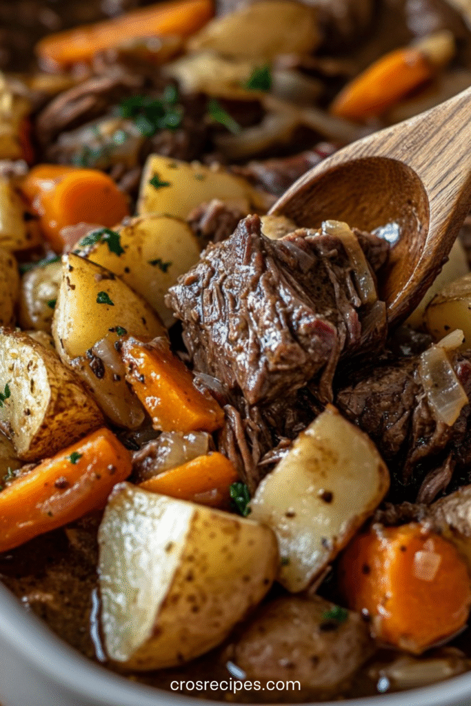Rôti de bœuf mijoté dans une crème brune, servi avec pommes de terre et carottes dans une cocotte rustique.