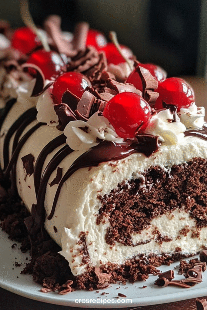 Gâteau roulé Forêt-Noire garni de chantilly et cerises, décoré de copeaux de chocolat et de cerises entières.