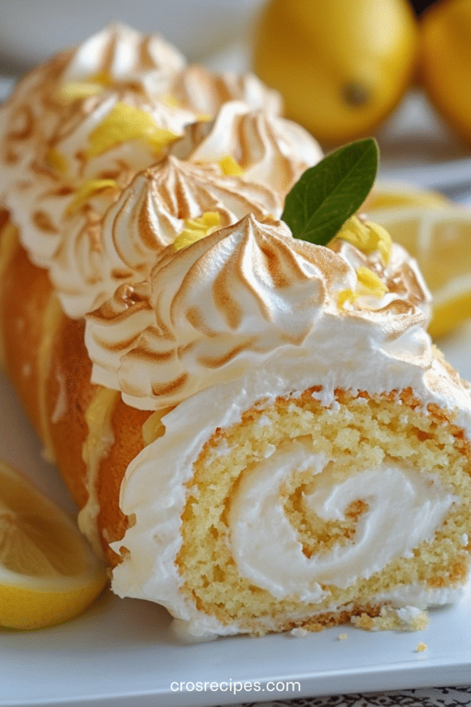 Gâteau roulé citron garni de lemon curd et recouvert de meringue dorée au chalumeau.