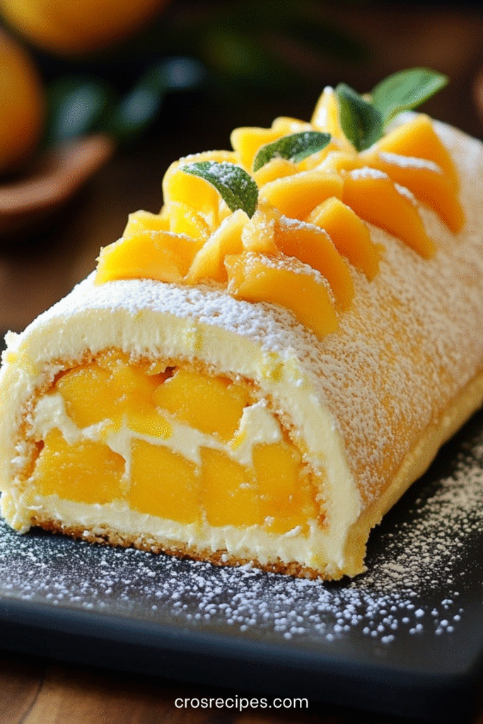 Gâteau roulé à la mangue garni de crème légère et décoré de morceaux de mangue fraîche.