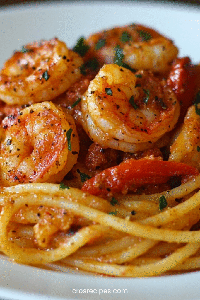 Assiette de spaghetti crémeux avec crevettes, chorizo et poivrons colorés, garnie de persil frais.