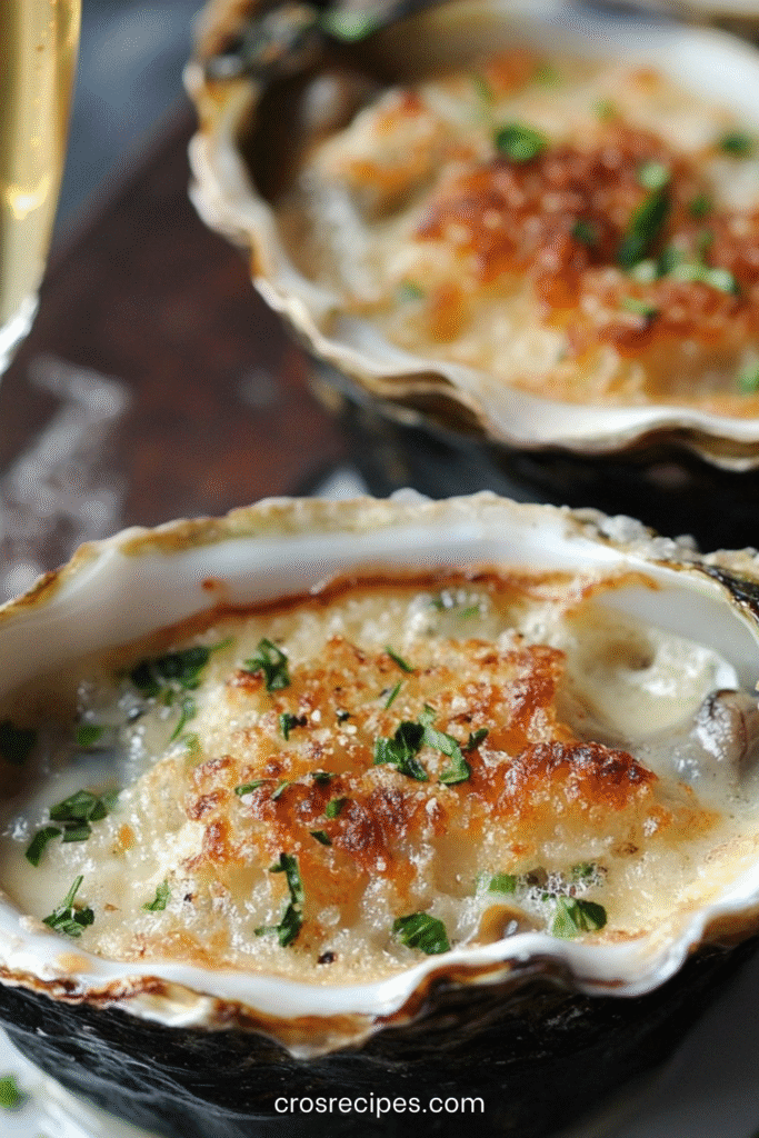 Gratin d’huîtres au champagne dans leurs coquilles avec chapelure dorée et herbes fraîches.