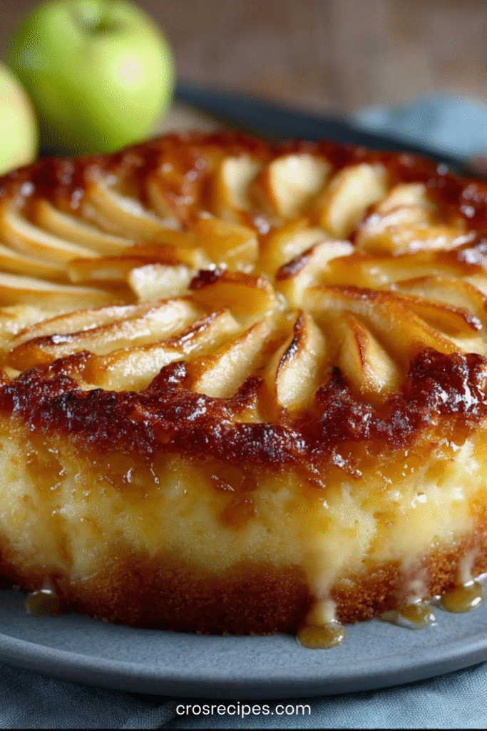 Flan alsacien aux pommes doré et moelleux dans un moule rond, avec tranches de pommes visibles.