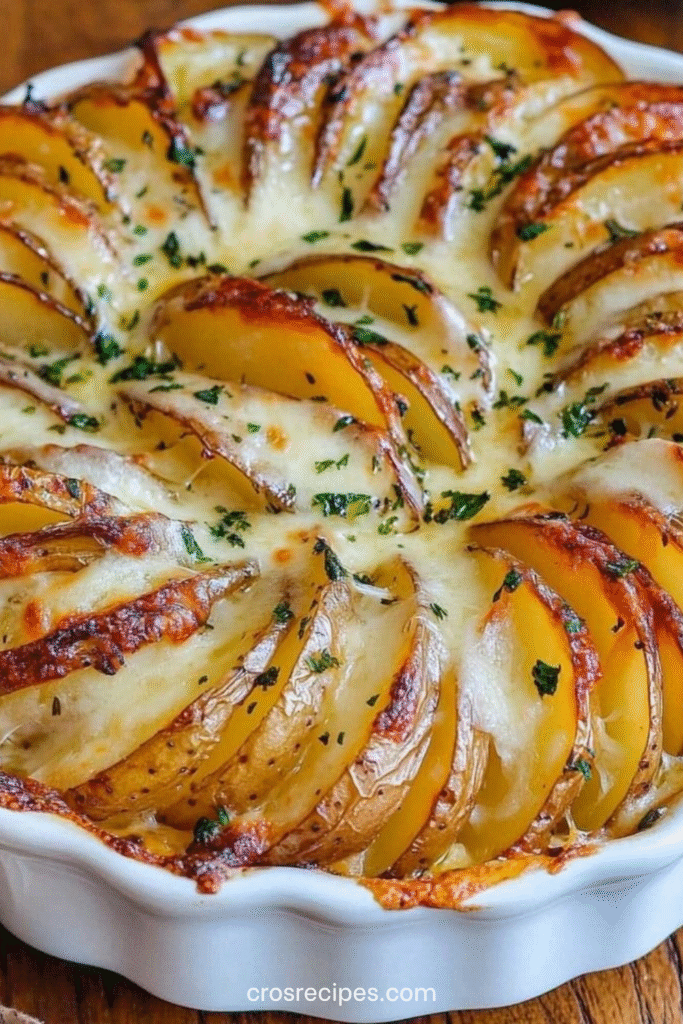 Gratin de pommes de terre crousti-fondant dans un plat rond, avec tranches verticales dorées et fromage gratiné.