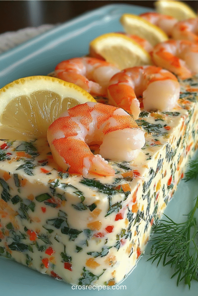 Terrine crémeuse aux crevettes et légumes colorés, démoulée en bloc rectangulaire et décorée de crevettes entières, citron et aneth.