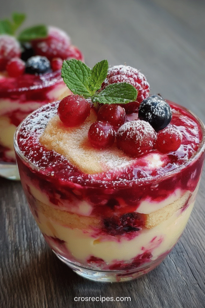 Verrines de tiramisu léger aux fruits rouges avec couches de biscuits, crème blanche et fruits frais.