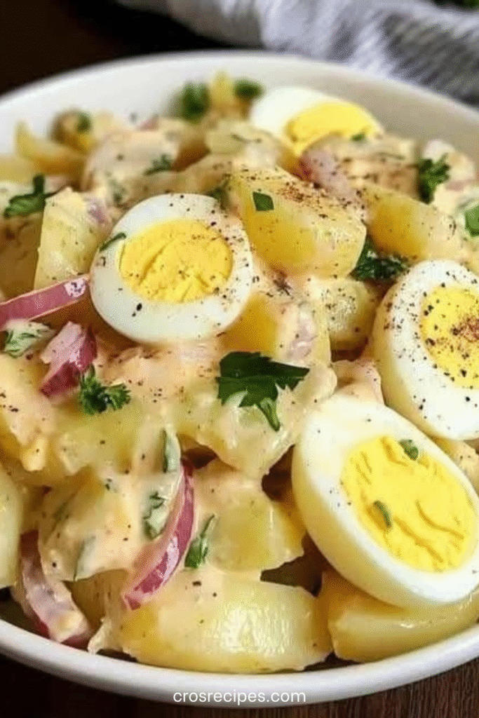 Salade de pommes de terre aux œufs durs avec tomates, oignon rouge et vinaigrette crémeuse.