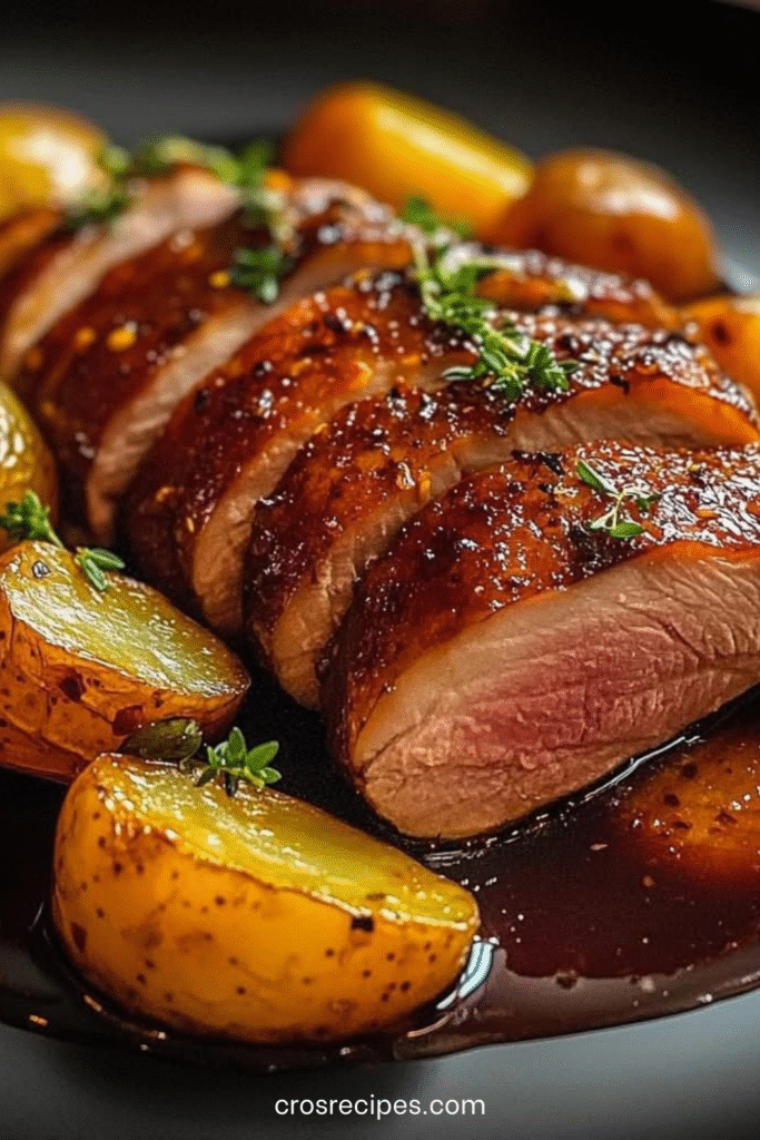Tranches de magret de canard caramélisé au miel, servies avec pommes de terre rôties dorées et thym frais.