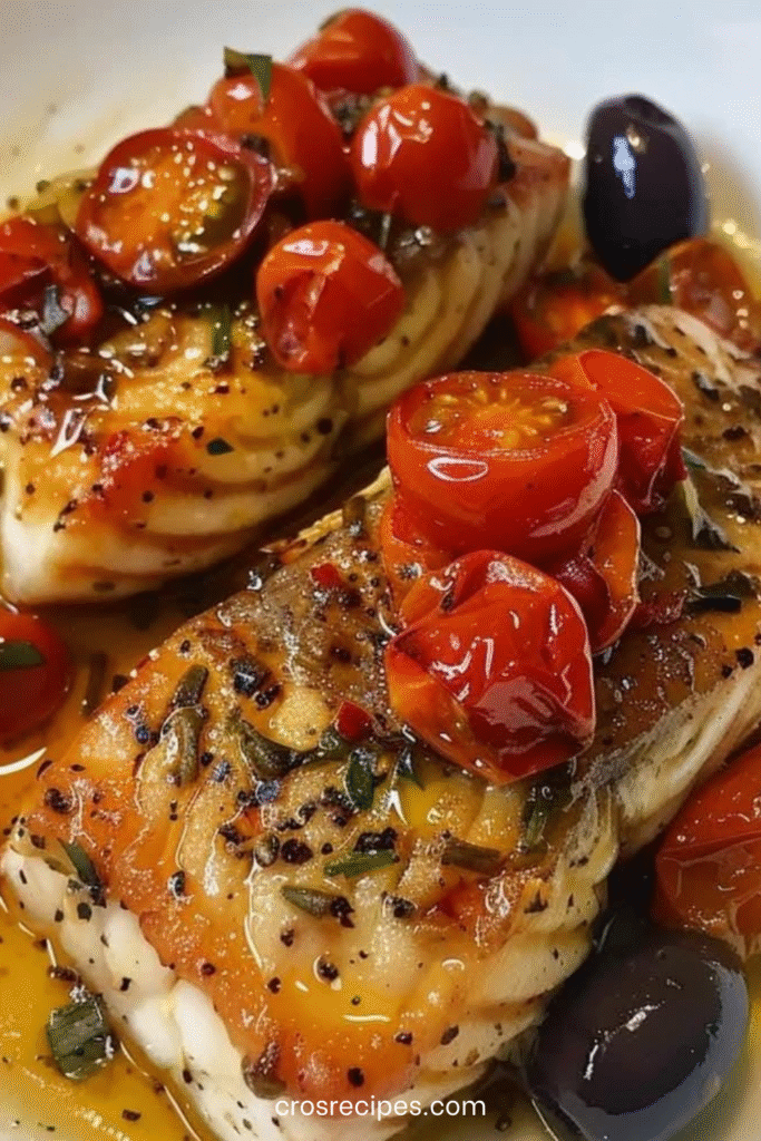 Dos de cabillaud cuit au four avec tomates cerises, olives noires, ail et herbes de Provence.