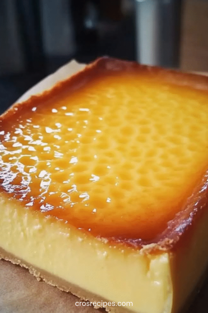 Tranche de flan pâtissier maison crémeux, épais et doré sur le dessus.