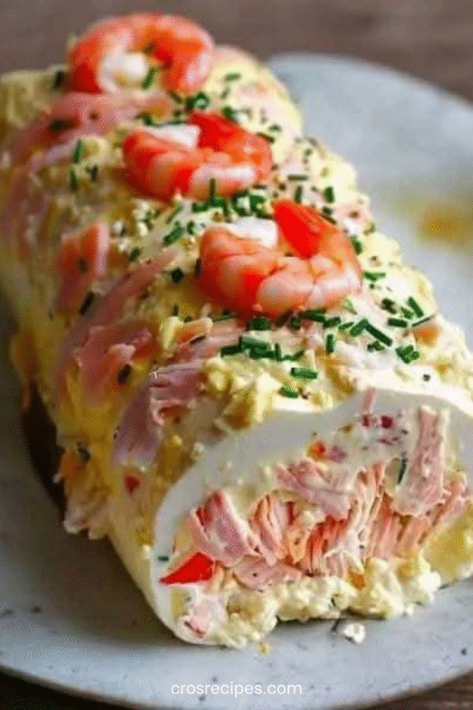 Bûche salée aux fruits de mer garnie de crabe, saumon fumé, gambas et zestes de citron sur un plat de service.