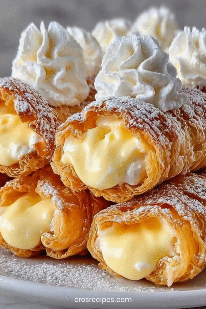 Cornets feuilletés dorés et croustillants garnis de crème diplomate légère et saupoudrés de sucre en poudre.