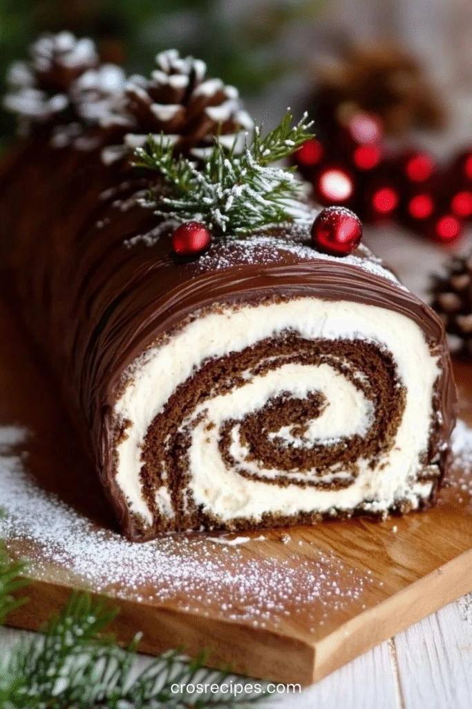 Bûche de Noël roulée au chocolat garnie de crème vanille et recouverte d’une ganache brillante décorée façon écorce.