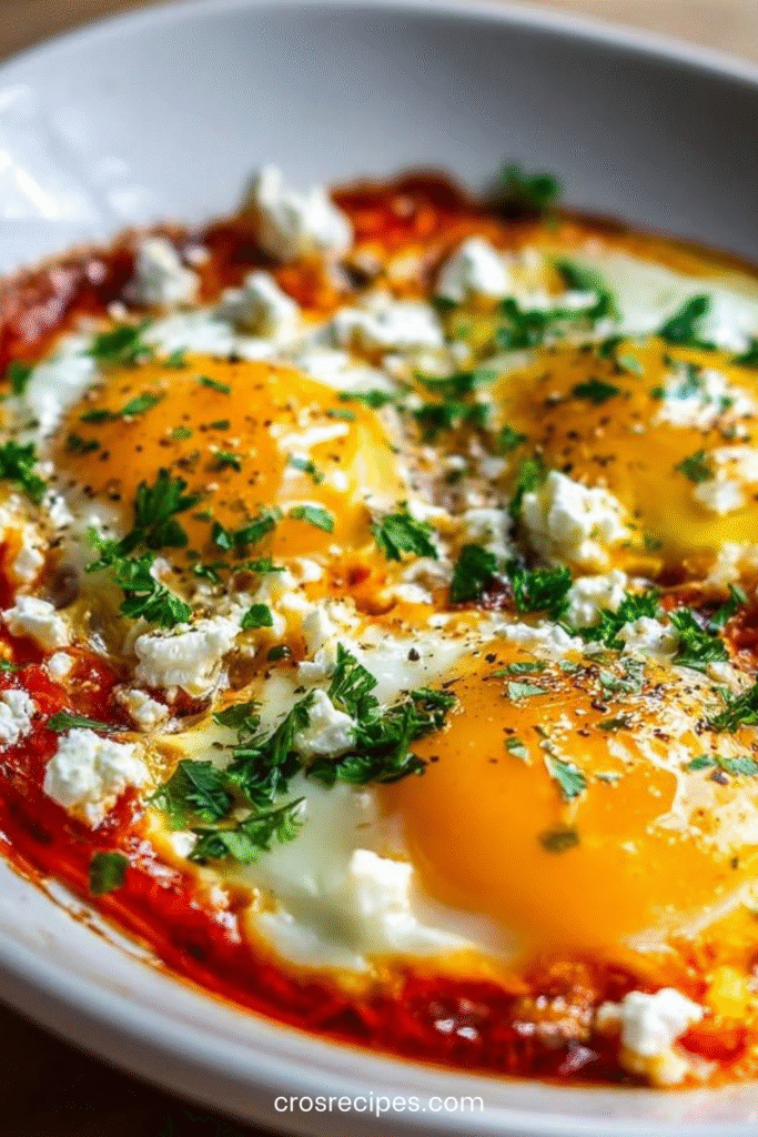 Shakshuka maison avec œufs pochés, sauce tomate épicée, feta émiettée et herbes fraîches dans une poêle en fonte.