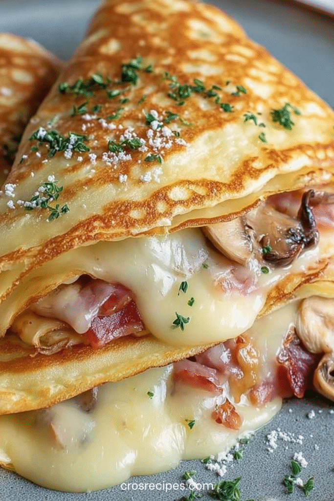 Crêpes garnie de brie fondant, champignons poêlés et jambon, pliée et servie avec persil frais.