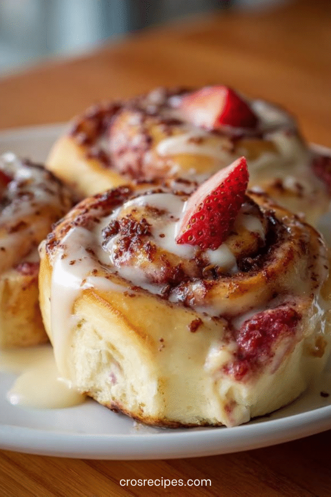 Roulés à la cannelle garnis de fraises fraîches avec glaçage au fromage à la crème coulant sur le dessus.
