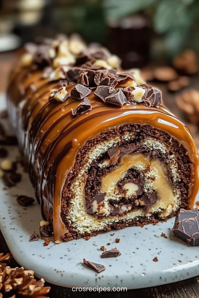 Gâteau roulé au chocolat garni de caramel et noix de pécan avec glaçage chocolat brillant sur le dessus.