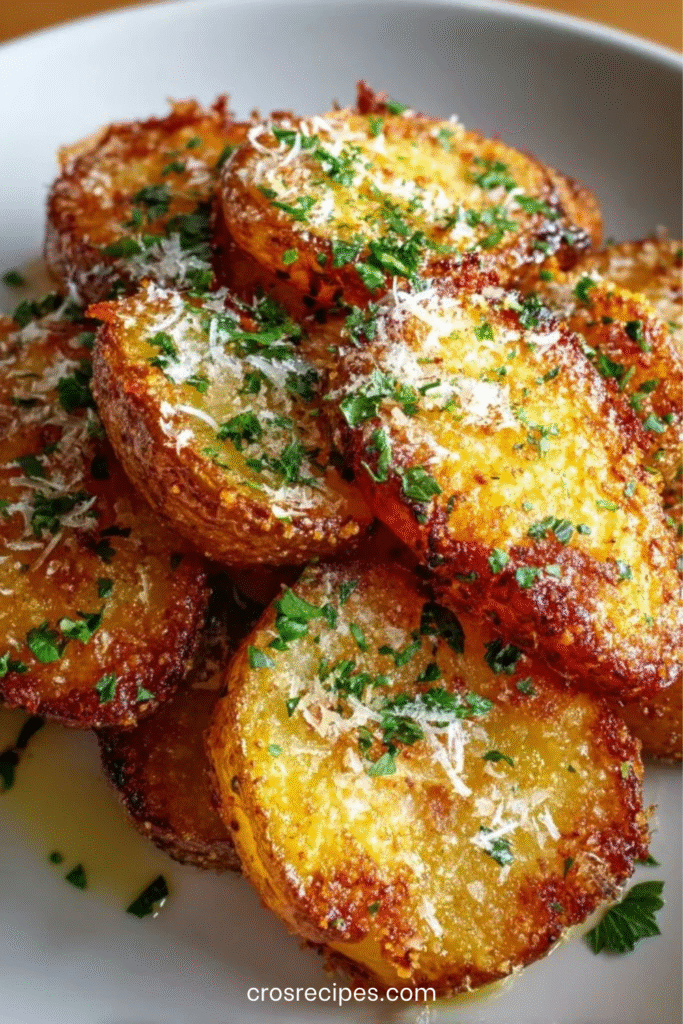 Pommes de terre croustillantes au four recouvertes de parmesan et d’ail, dorées et servies avec persil frais.