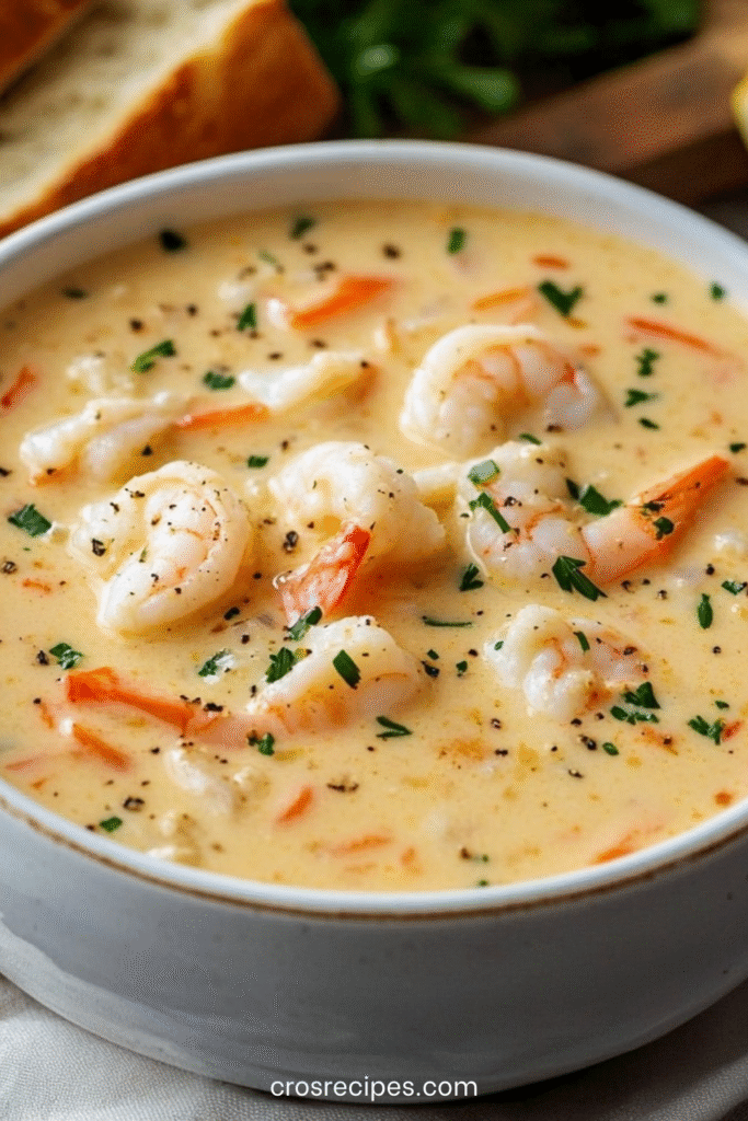 Bol de bisque crémeuse aux fruits de mer avec crabe, crevettes et herbes fraîches.