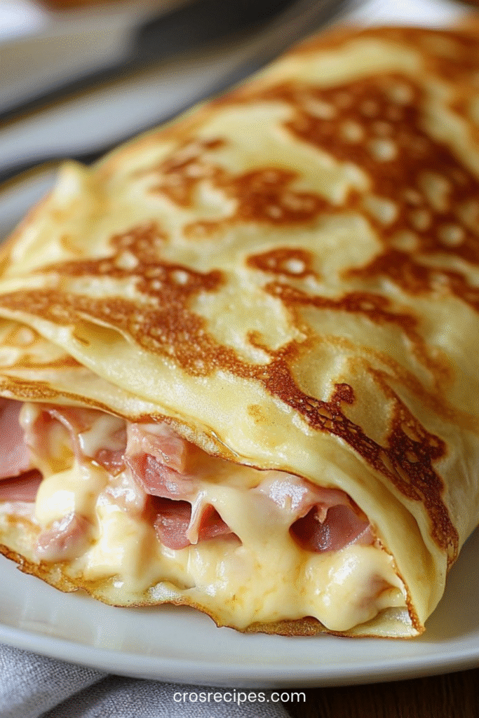 Crêpe pliée et dorée, garnie de jambon et fromage fondant, servie chaude en assiette.