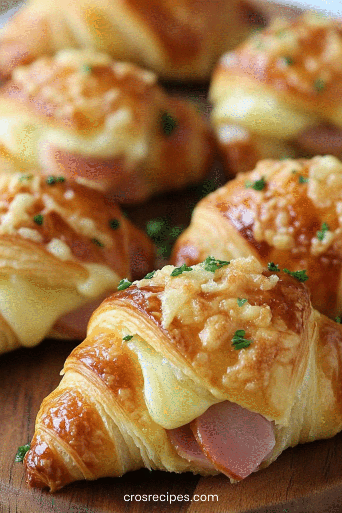 Mini croissants feuilletés dorés garnis de jambon et fromage fondant, prêts à servir.