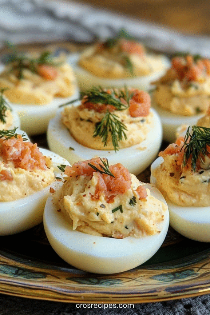 Œufs mimosa garnis au saumon ou thon, décorés d’herbes fraîches et paprika.