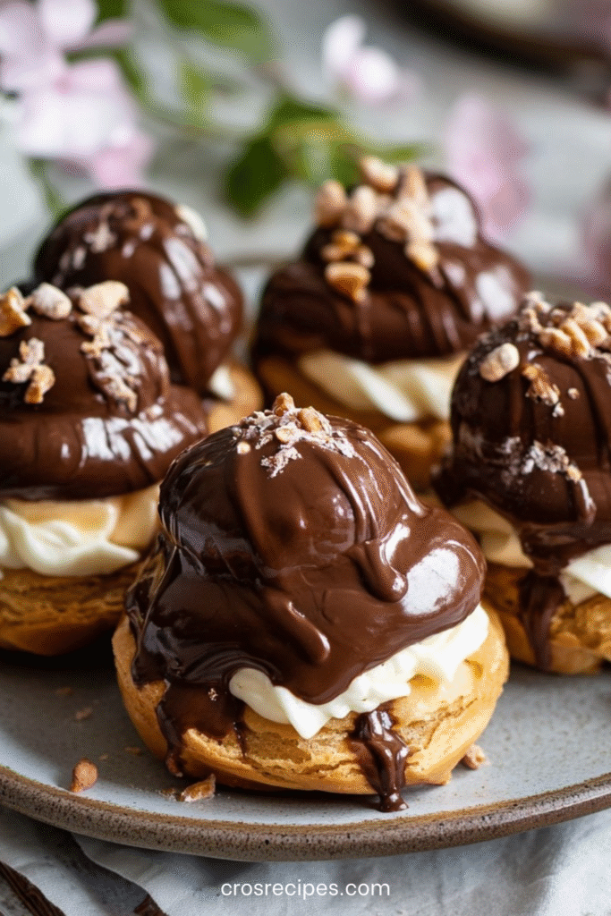 Profitéroles garnies de glace vanille, nappées de sauce chocolat brillante.