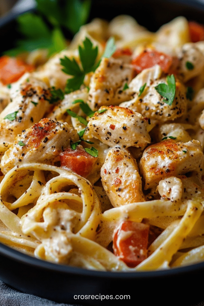 Assiette de pâtes crémeuses au poulet cajun avec sauce onctueuse et poivrons.