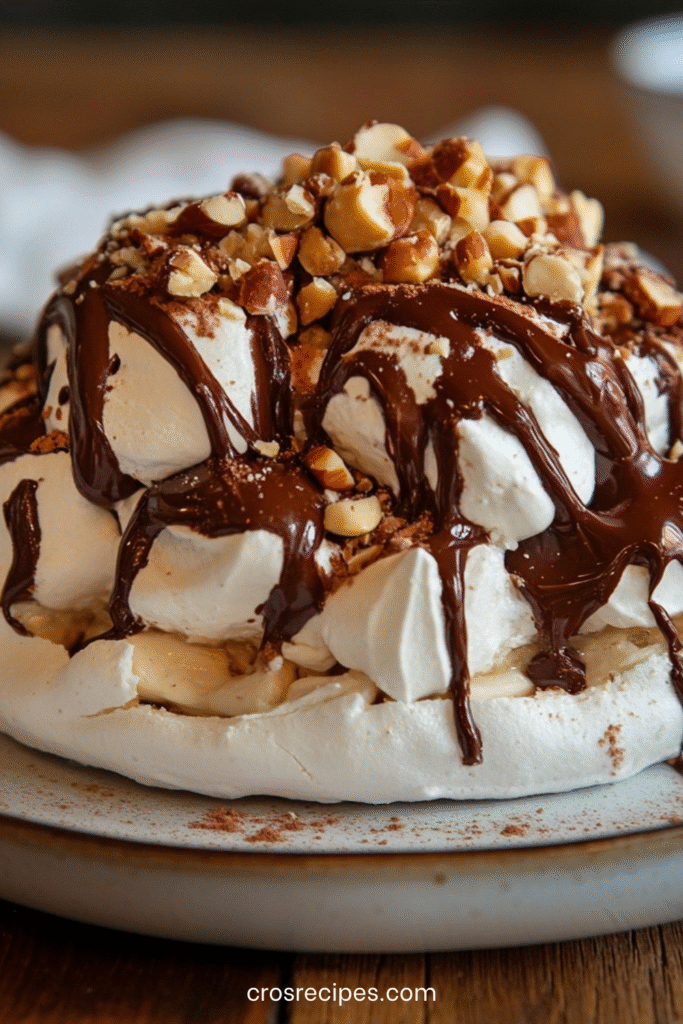 Pavlova au chocolat garnie de crème fouettée, noisettes caramélisées et copeaux de chocolat.